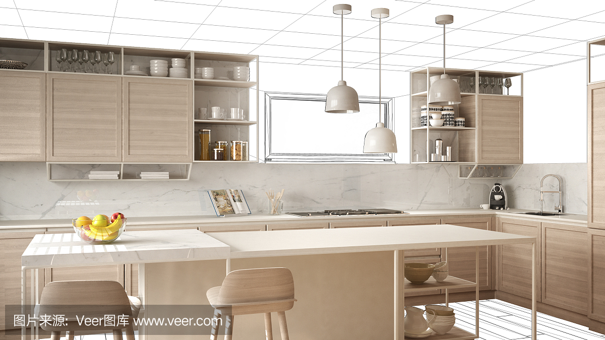 室內(nèi)設(shè)計(jì)項(xiàng)目草案,工作在進(jìn)行中的概念想法,真實(shí)的現(xiàn)代白色和木制廚房在草圖的背景,建筑師設(shè)計(jì)師項(xiàng)目桌面截圖